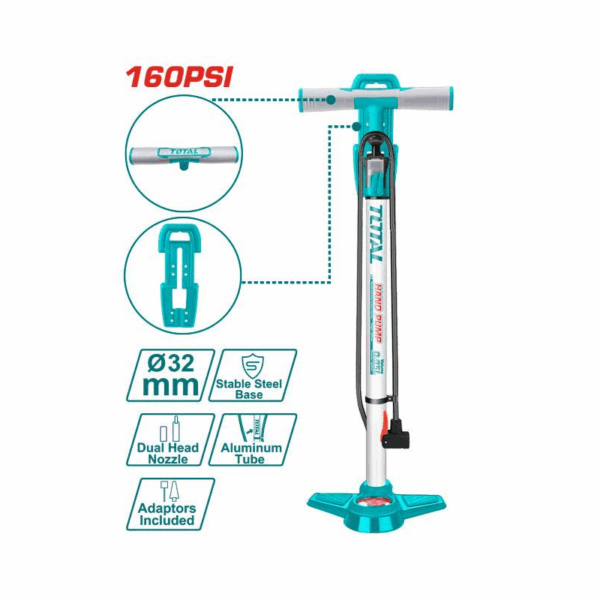 Total Tyre Hand Pump φ32*580mm with Bar & PSI Double Units, Aluminium Tube TMPP3201
