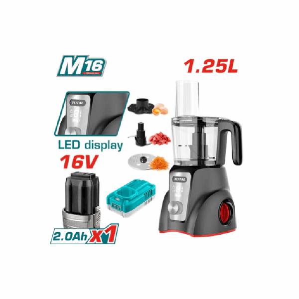 Total Cordless Food Processor 250W DC 16V Lithium-ion with 2 Speed Control, 3 Functions, LED Display, Steel Blades TMG027K