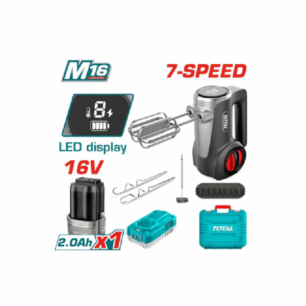 Total Cordless Hand Mixer 125W DC 16V Lithium-ion with 7 Speed Control, LED Display, Eject Button TMK023K
