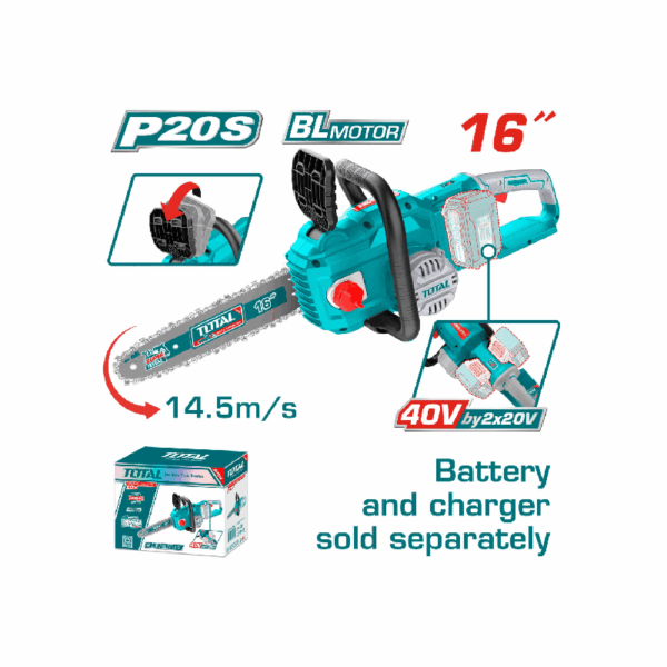 Total Cordless Chain Saw Lithium-ion 40V with 16'' Saw Chain & 16'' Chain Saw Bar TGSLI40168