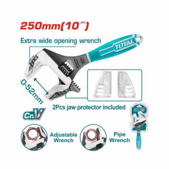 Total 2in1 Adjustable Wrench 250mm with Pipe Wrench Function, 2pcs Jaw Protector THT10210G