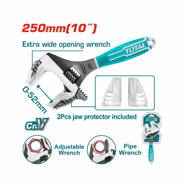 Total 2in1 Adjustable Wrench 250mm with Pipe Wrench Function, 2pcs Jaw Protector THT10210G