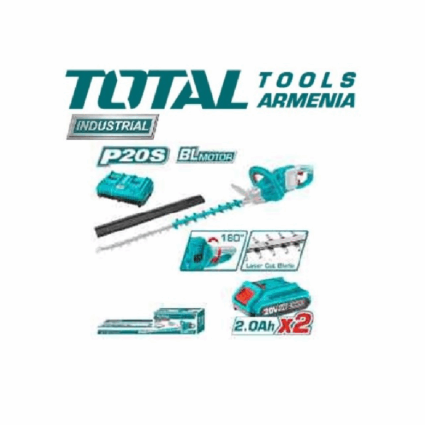 Total Lithium-ion Hedge Trimmer 40V with 650mm Laser Cut Blade, 2pcs Battery, Dual Port Charger THTLI400282