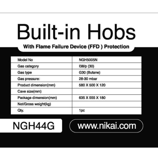Nikai Gas Built In Hob Cast Iron Pan Support 4 Gas Burner with FFD Projector and Auto Ignition 58x50x12cm 8MM Tempered Glass NGH44G