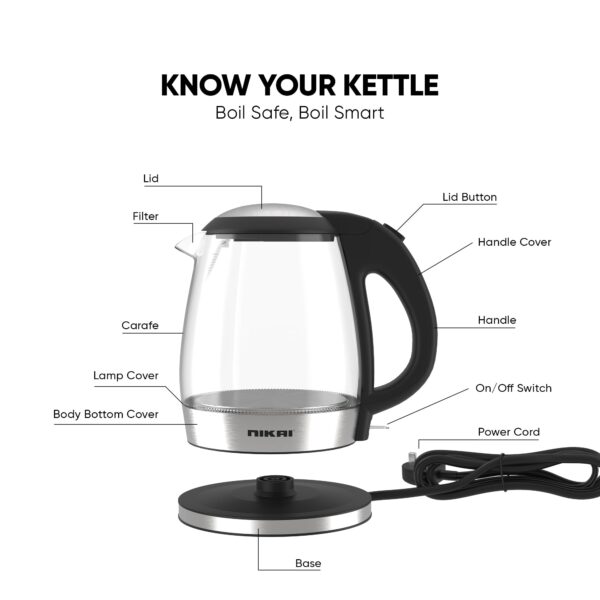 Nikai Kettle Glass Body 1.2L 2200w Compact Cordless Electric Glass Kettle Boiler Automatic Shut Off Boil Dry Protection LED Indicator Integrated Filter 360° Rotating Base NK303G