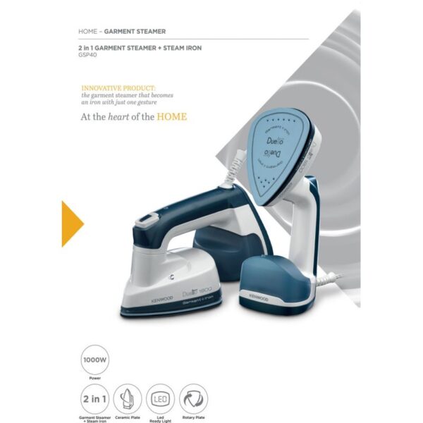 Kenwood 2-in-1 Garment Steamer + Steam Iron 1000W with Rotary Plate Ceramic Soleplate LED Light GSP40.000WB