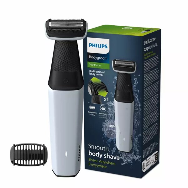 Philips Cordless Bodygroom & Intimate Areas Trimmer, Clinically Tested for Sensitive Skin, 40 min Runtime, Bi-directional Trimmer and 3mm Comb Series 3000 BG3007