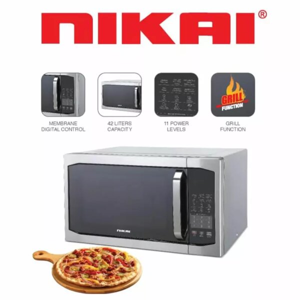 Nikai Microwave Oven 42L 1100W 11 Microwave Power Levels 7 Auto Menu with Defrost & Grill Function Membrane Digital Control Memory Function NMO424DG