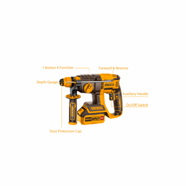 Ingco Cordless Rotary Hammer Lithium-ion 20V with Brushless Motor, Integrated LED Work Light CRHLI202081