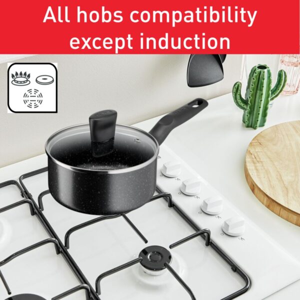 Tefal Dark Stone Cookware Set 9PCS Non Stick Thermo Signal 100% Safe Coating Cookware Heat Indicator Ergonomic Handles Glass Lid B491S985