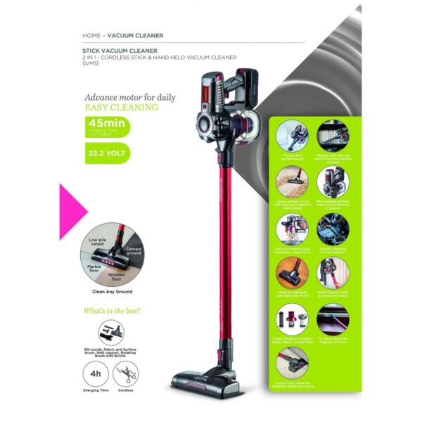 Kenwood Cordless Vacuum Cleaner 2-in-1 Upright Stick Vacuum Cleaner + Handheld Vacuum Cleaner with 22.2V Li-ion Battery 160W Suction Power 45 Minutes Run Time for Multi Surface SVM12.000RD