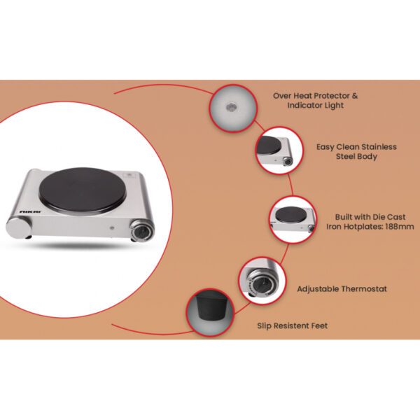 Nikai Electric Hot Plate 1 Plate 1500W Die Cast Iron Hotplates of 188MM Adjustable Thermostat Control NKTOE4N2