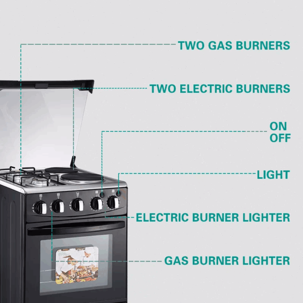 Winning Star Freestanding Cooker 2 Gas Burners, 2 Electric Burners with 52L Oven Black
