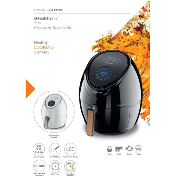 Kenwood Digital Air Fryer XXL 5.5L 2.4Kg 1800W With Rapid Hot Air Circulation For Frying Grilling Broiling Roasting Baking And Toasting HFP50.000BK