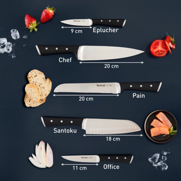 Tefal Ice Force Wooden Block with 5 Slots and 5 Knives: Bread Knife 20 cm / Chef Knife 20 cm / Santoku Knife 18 cm / Paring Knife 11 cm / Carving Knife 9 cm K232S574
