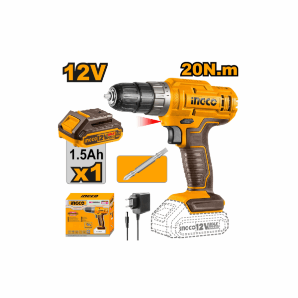 Ingco Cordless Drill Lithium-ion 12V 20NM with Integrated Work Light & LED Battery Power Indicator CDLI1218