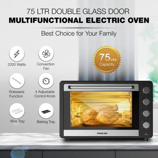 Nikai Oven 75L 2200W Oven Rotisserie Function & 120 Minutes Timer With Stay On Multiple Accessories High-Efficiency Heating Indicator Light - NT75RCZ