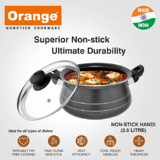 Orange No11 Non-Stick Handi 1.5L 160mm with Glass Lid, Sturdy Handles ONSC040