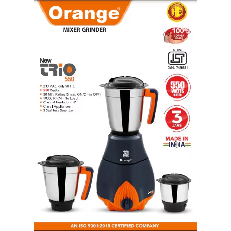 Orange Mixer Grinder 550W With 3Pcs Stainless Steel Jars New Trio 2 Orange Mixer Grinder 550W With 3Pcs Stainless Steel Jars New Trio