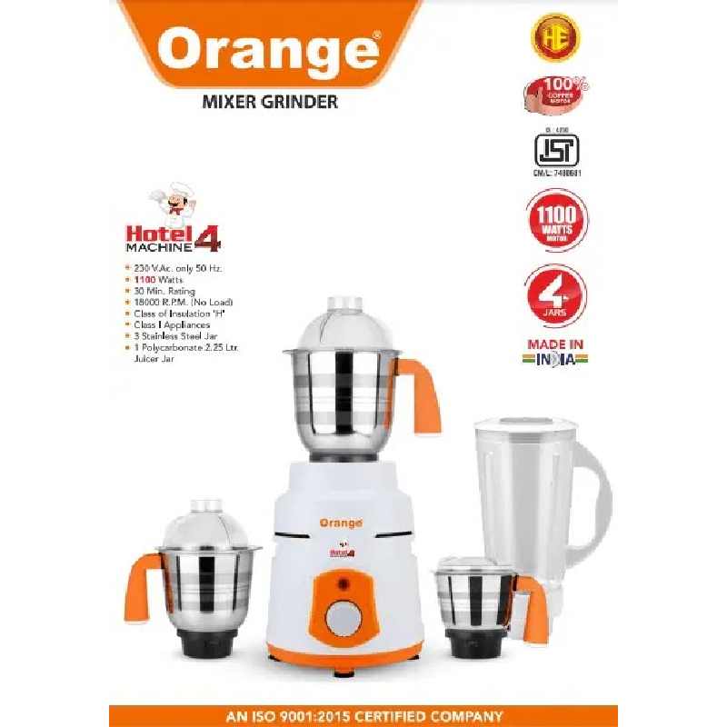 Orange Mixer Grinder 1100W With 3Pcs Stainless Steel Jars, 1 Polycarbonate Juice Jar Hotel Machine 2 Orange Mixer Grinder 1100W With 3Pcs Stainless Steel Jars, 1 Polycarbonate Juice Jar Hotel Machine