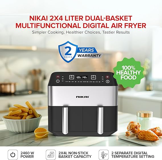 Nikai Airfryer 4Lx2 Digital Double Decker 2460W Naf282Dx Detachable Frying Control Basket Digital Screen With Separate Temperature Settings 3 Nikai Airfryer 4Lx2 Digital Double Decker 2460W Naf282Dx Detachable Frying Control Basket Digital Screen With Separate Temperature Settings