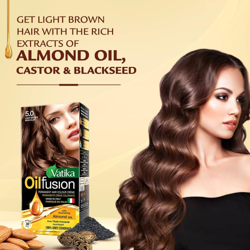 Vatika Oil Fusion Color Kit Nourishing Almond Oil, 100% Grey Coverage, Rich Colour Light Brown 5.0 2 Vatika Oil Fusion Color Kit Nourishing Almond Oil, 100% Grey Coverage, Rich Colour Light Brown 5.0 - Set Of 3 Pcs