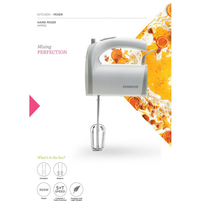 Kenwood Hand Mixer (Electric Whisk) 300W With 5 Speeds + Turbo Button, Twin Stainless Steel Kneader And Beater For Mixing, Whipping, Whisking, Kneading Hmp20.000Wh 9 Kenwood Hand Mixer (Electric Whisk) 300W With 5 Speeds + Turbo Button, Twin Stainless Steel Kneader And Beater For Mixing, Whipping, Whisking, Kneading Hmp20.000Wh