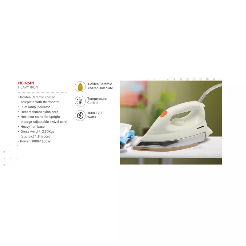 Nikai Dry Iron 1200W Golden Ceramic Coated Soleplate With Thermostat Heavy Iron Base Heat Resistant Nylon Cord Ndi624N 1 Nikai Dry Iron 1200W Golden Ceramic Coated Soleplate With Thermostat Heavy Iron Base Heat Resistant Nylon Cord Ndi624N