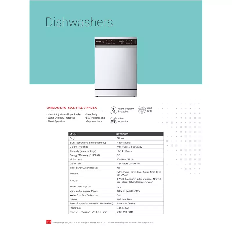 Nikai Dish Washer 60Cm 14 Plates Ndw158Ss Free Standing 8 Programs Dimension 598*598*845Mm 2 Nikai Dish Washer 60Cm 14 Plates Ndw158Ss Free Standing 8 Programs Dimension 598*598*845Mm