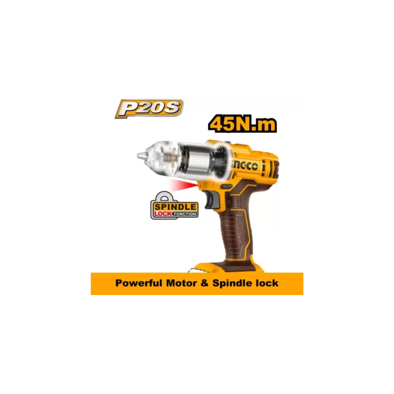 Ingco Cordless Drill Lithium-Ion 20V 45Nm With Integrated Work Light &Amp; Led Battery Power Indicator Cdli200518 2 Ingco Cordless Drill Lithium-Ion 20V 45Nm With Integrated Work Light &Amp; Led Battery Power Indicator Cdli200518