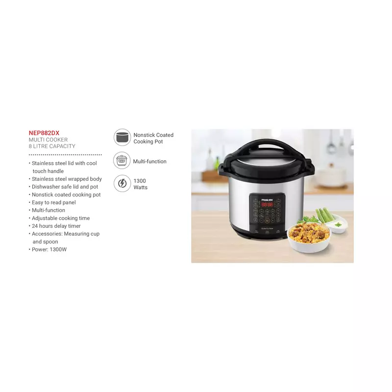 Nikai Pressure Cooker Electric 8L Digital Multi Functional Cooker 1300W Nep882Dx Non Stick Cooking Pot Stainless Steel Wraped Body And Lid Adjustable Cooking Time With Cool Touch Handle 1 Nikai Pressure Cooker Electric 8L Digital Multi Functional Cooker 1300W Nep882Dx Non Stick Cooking Pot Stainless Steel Wraped Body And Lid Adjustable Cooking Time With Cool Touch Handle