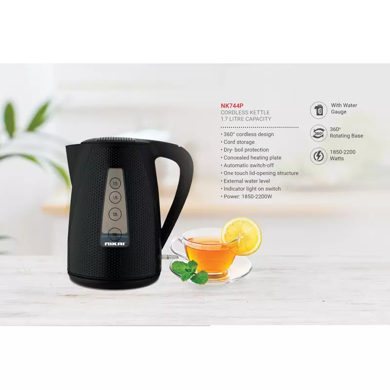 Nikai Jug Kettle 1.7L Plastic With Cord Storage 2200W Nk744P External Water Level Automatic Switch Off With Indicator Light Cord Storage 2 Nikai Jug Kettle 1.7L Plastic With Cord Storage 2200W Nk744P External Water Level Automatic Switch Off With Indicator Light Cord Storage