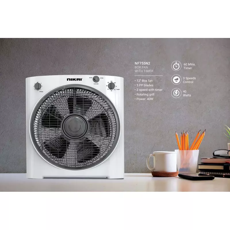 Nikai Box Fan 12Inch With Rotating Grill 40W Nf755N2 60 Mins Timer 5 Pp Blades 3 Speeds Control 3 Nikai Box Fan 12Inch With Rotating Grill 40W Nf755N2 60 Mins Timer 5 Pp Blades 3 Speeds Control