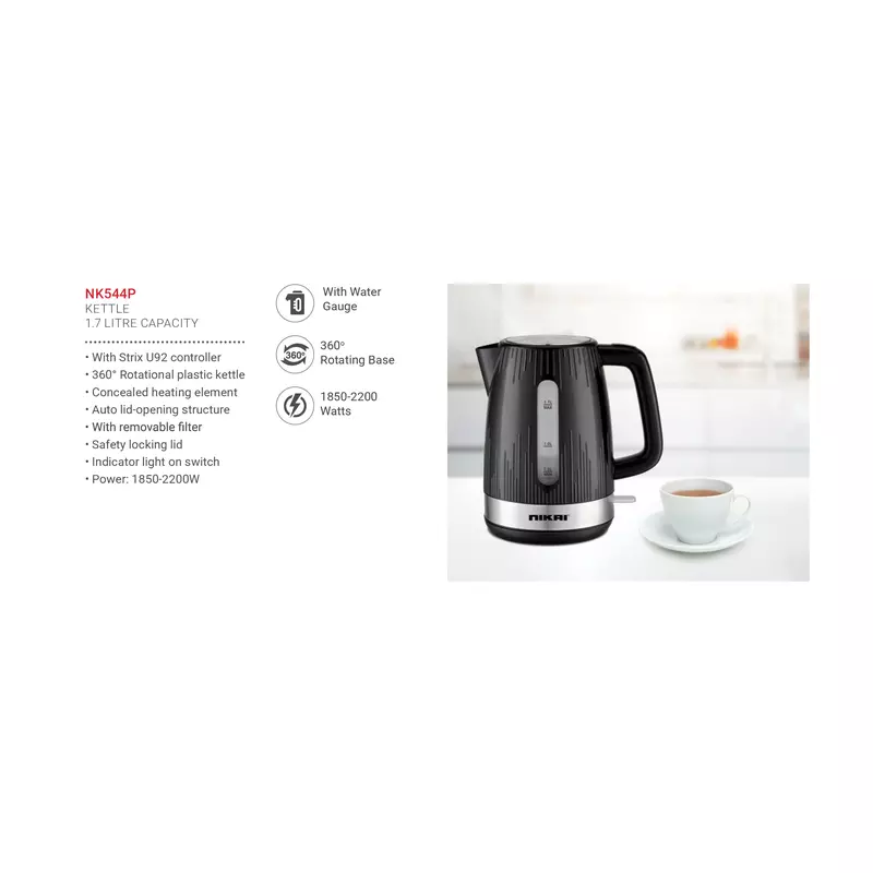 Nikai Jug Kettle 1.7L Plastic With Water Guage 2200W Nk544P Removable Filter With Water Guage Indicator Light On Switch With Strix U29 Controller 3 Nikai Jug Kettle 1.7L Plastic With Water Guage 2200W Nk544P Removable Filter With Water Guage Indicator Light On Switch With Strix U29 Controller