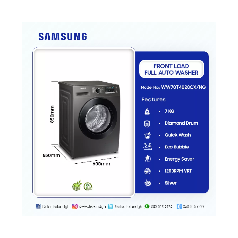 Samsung Washing Machine 7Kg Front Load, Digital Inverter Technology, Diiamond Drum, Quick Wash, Eco Bibble,  Energy Saving, Hygiene Steam, Silver Ww70T4020Cx/Nq