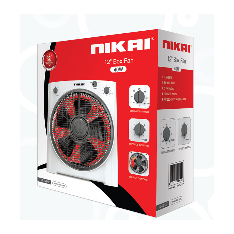 Nikai Box Fan 12Inch With Rotating Grill 40W Nf755N2 60 Mins Timer 5 Pp Blades 3 Speeds Control 2 Nikai Box Fan 12Inch With Rotating Grill 40W Nf755N2 60 Mins Timer 5 Pp Blades 3 Speeds Control