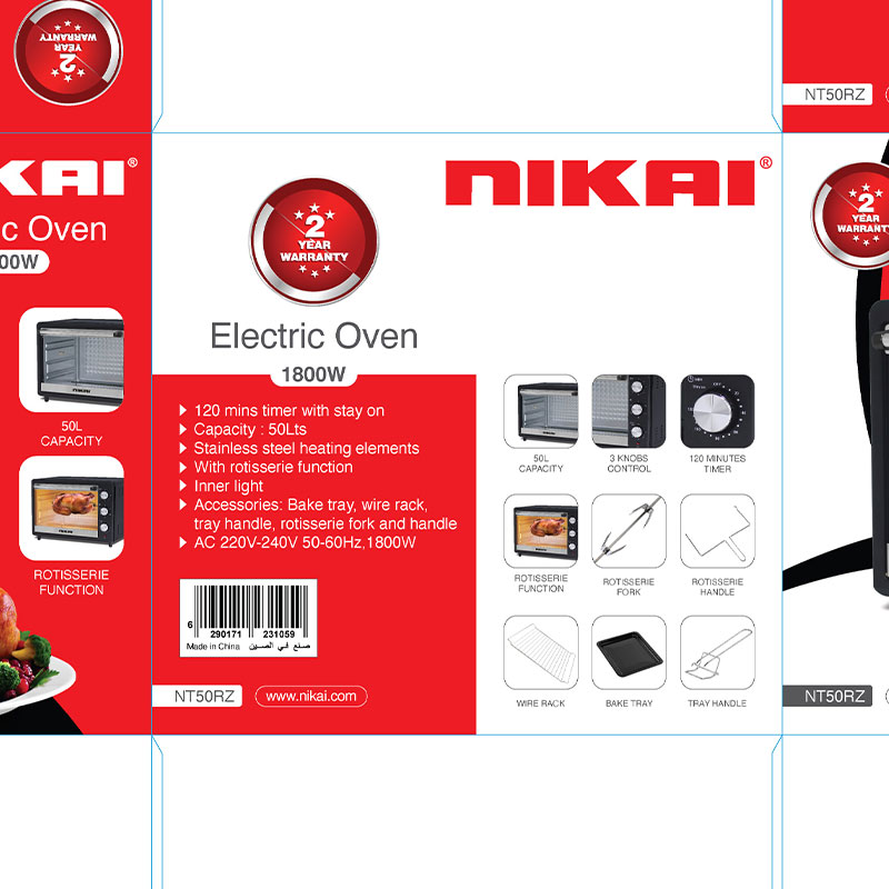 Nikai Oven Electric 50L With Rosting Function 1800W Nt50Rz 120 Mins Timer Single Glass Panel Stainless Steel Heating Elements Inner Light 3 Nikai Oven Electric 50L With Rosting Function 1800W Nt50Rz 120 Mins Timer Single Glass Panel Stainless Steel Heating Elements Inner Light