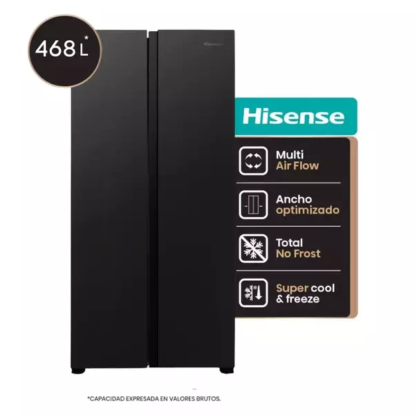 Hisense Slim Side By Side Fridge 468L, Multi Air Flow, Total Noe Frost, Super Freeze Black Rs3N428Nab 1 Hisense Slim Side By Side Fridge 468L, Multi Air Flow, Total Noe Frost, Super Freeze Black Rs3N428Nab